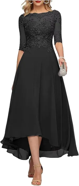 TIRAS Lace Appliques Mother of The Bride Dresses A line 3/4 Sleeves Tea Length Chiffon Formal Wedding Party Prom Gowns