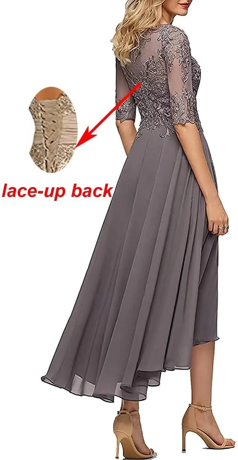TIRAS Lace Appliques Mother of The Bride Dresses A line 3/4 Sleeves Tea Length Chiffon Formal Wedding Party Prom Gowns