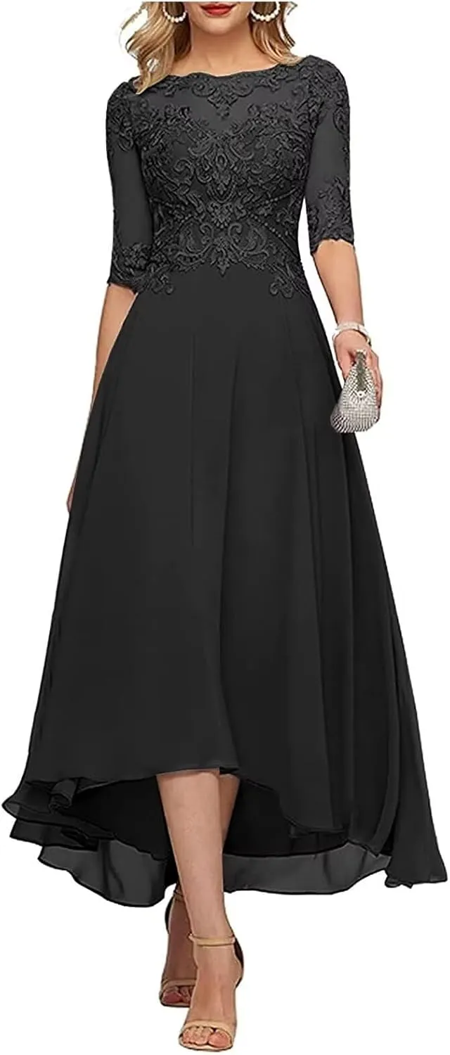 TIRAS Lace Appliques Mother of The Bride Dresses A line 3/4 Sleeves Tea Length Chiffon Formal Wedding Party Prom Gowns