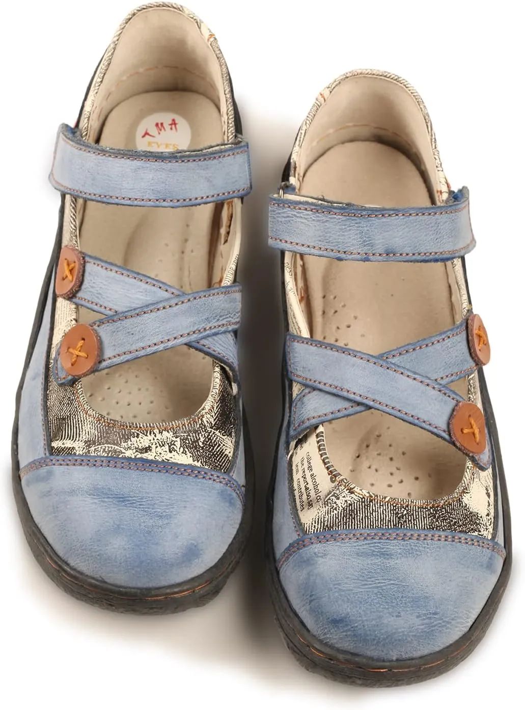 TMA EYES Button Criss Cross Strap Leather Women Flat Shoes