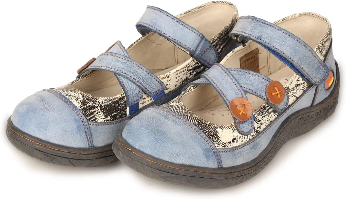 TMA EYES Button Criss Cross Strap Leather Women Flat Shoes