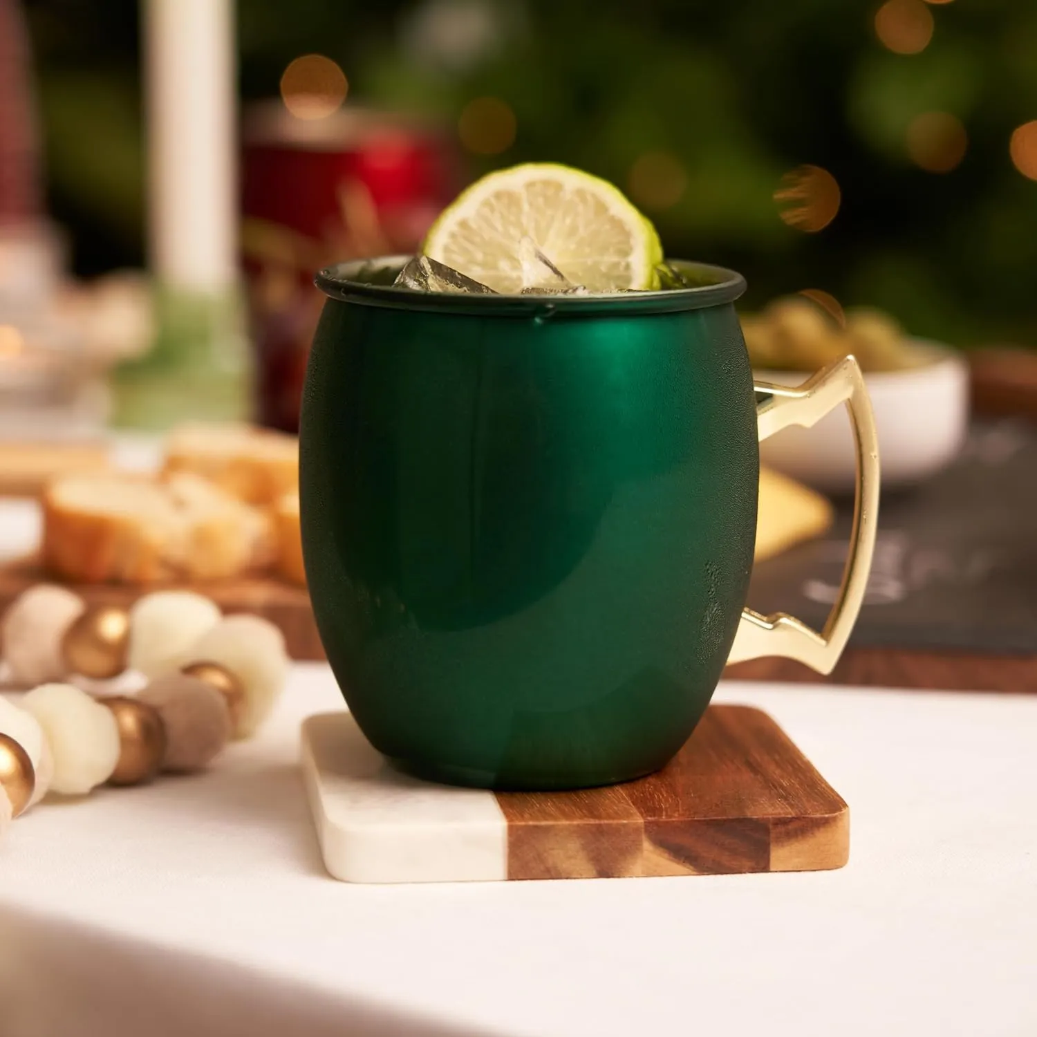 Twine Moscow Mule Mugs, Stainless Steel Moscow Mule Cup, Cocktail drinkware, Copper Bar Cart Accessories, 16 oz, Emerald