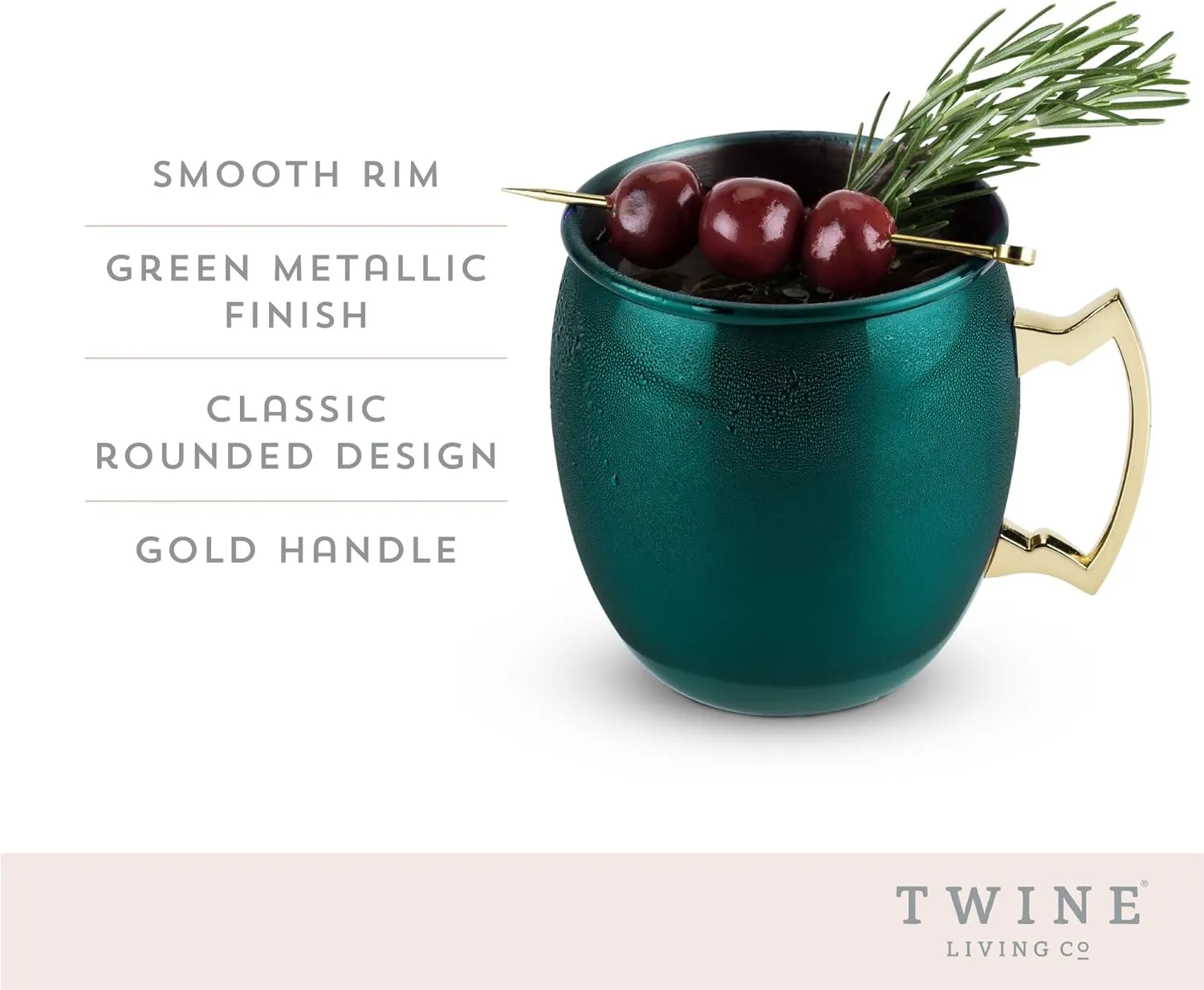 Twine Moscow Mule Mugs, Stainless Steel Moscow Mule Cup, Cocktail drinkware, Copper Bar Cart Accessories, 16 oz, Emerald