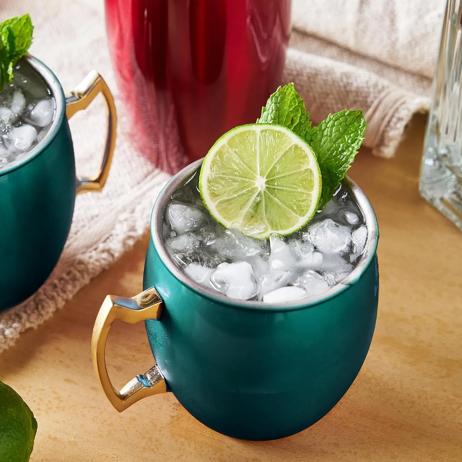 Twine Moscow Mule Mugs, Stainless Steel Moscow Mule Cup, Cocktail drinkware, Copper Bar Cart Accessories, 16 oz, Emerald
