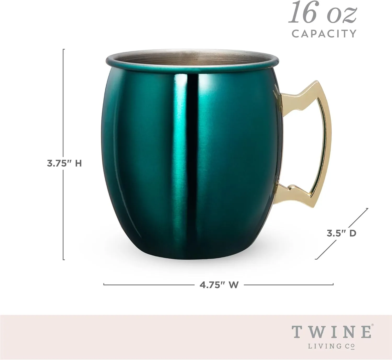 Twine Moscow Mule Mugs, Stainless Steel Moscow Mule Cup, Cocktail drinkware, Copper Bar Cart Accessories, 16 oz, Emerald