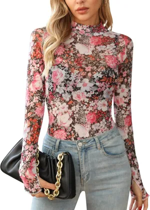 Ugerlov Womens Lace Long Sleeve Mesh Top Floral Mock Neck See Through Going Out Top with Thumb Hole Party Outfits Shirts