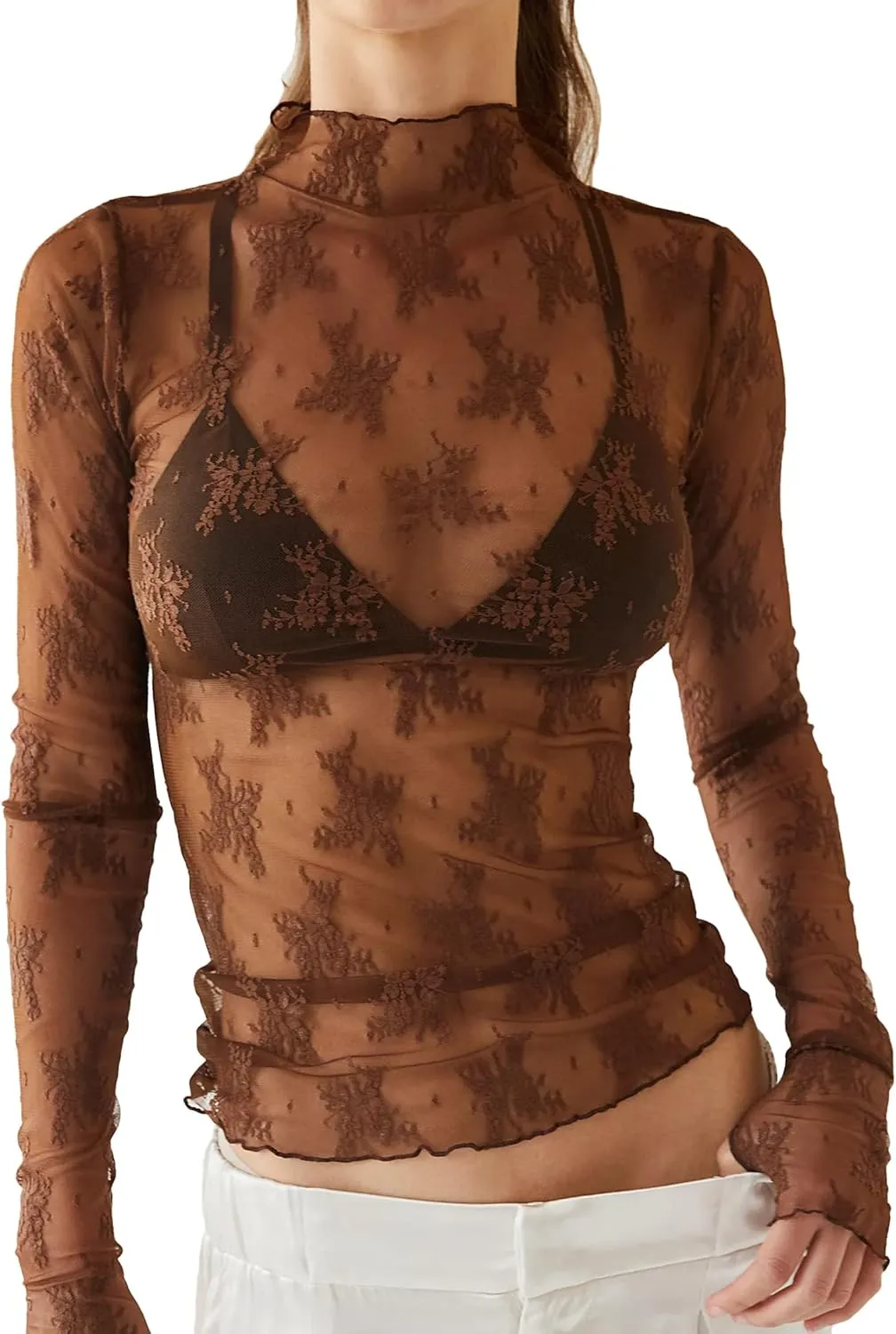 Ugerlov Women's Long Sleeve Mesh Top Mock Neck Sheer Blouse See Through Floral Lace Tops