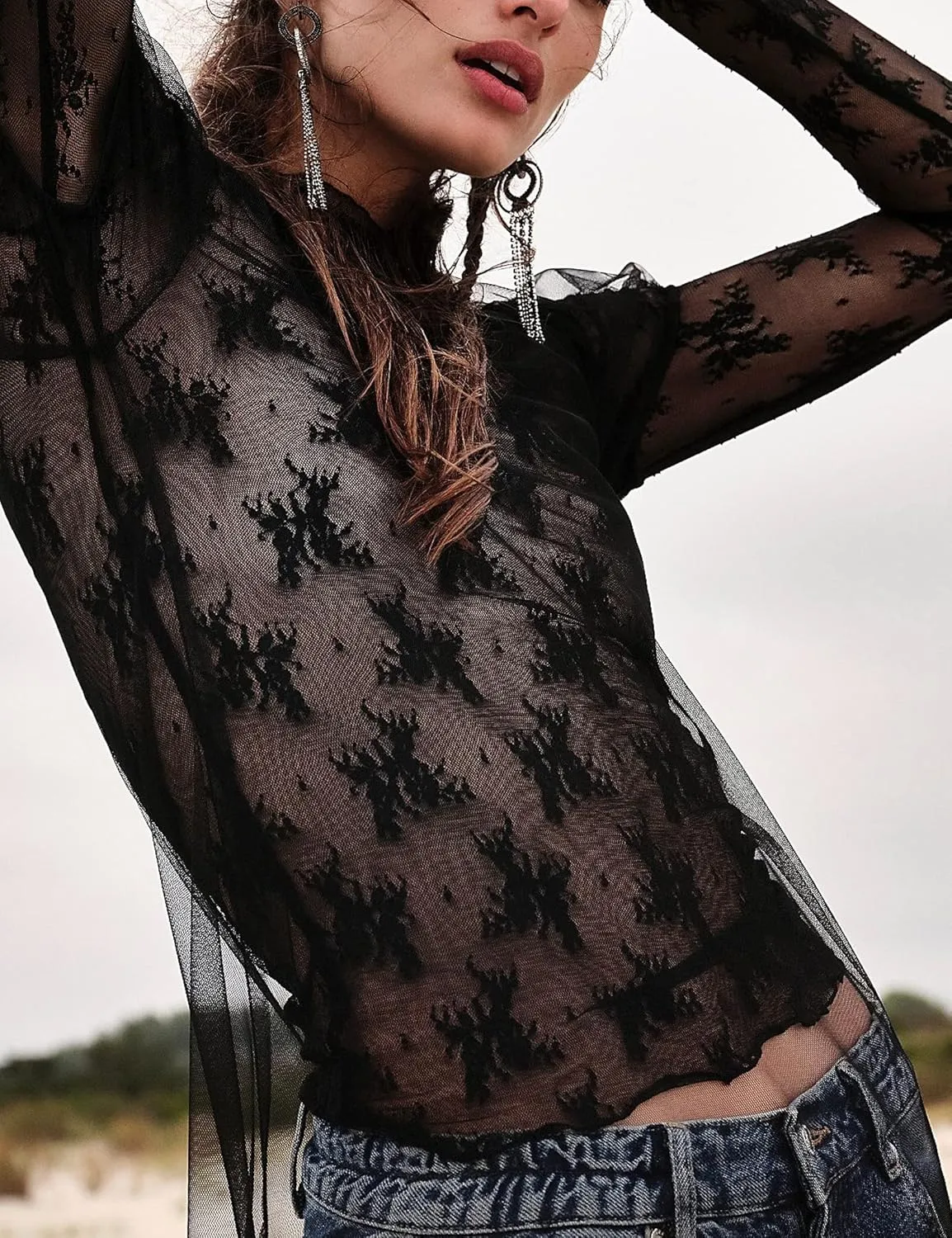 Ugerlov Women's Long Sleeve Mesh Top Mock Neck Sheer Blouse See Through Floral Lace Tops