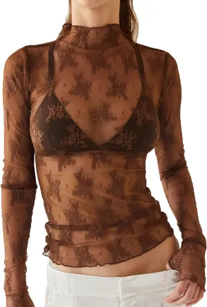 Ugerlov Women's Long Sleeve Mesh Top Mock Neck Sheer Blouse See Through Floral Lace Tops
