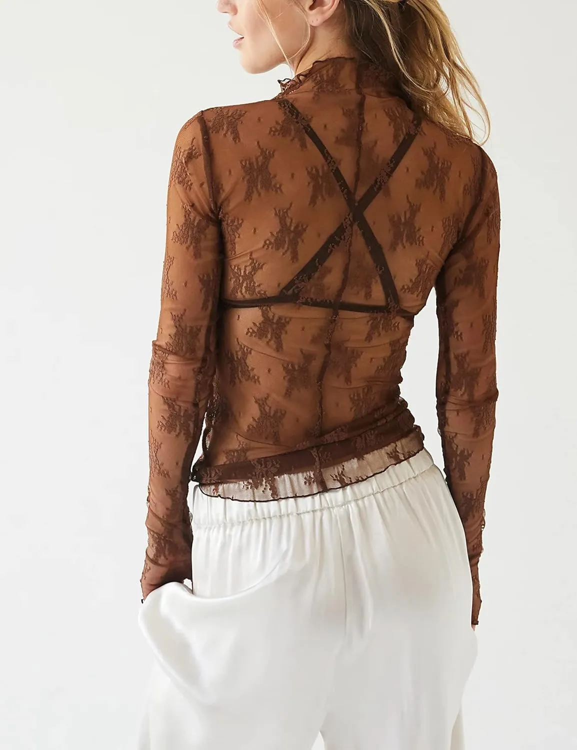 Ugerlov Women's Long Sleeve Mesh Top Mock Neck Sheer Blouse See Through Floral Lace Tops