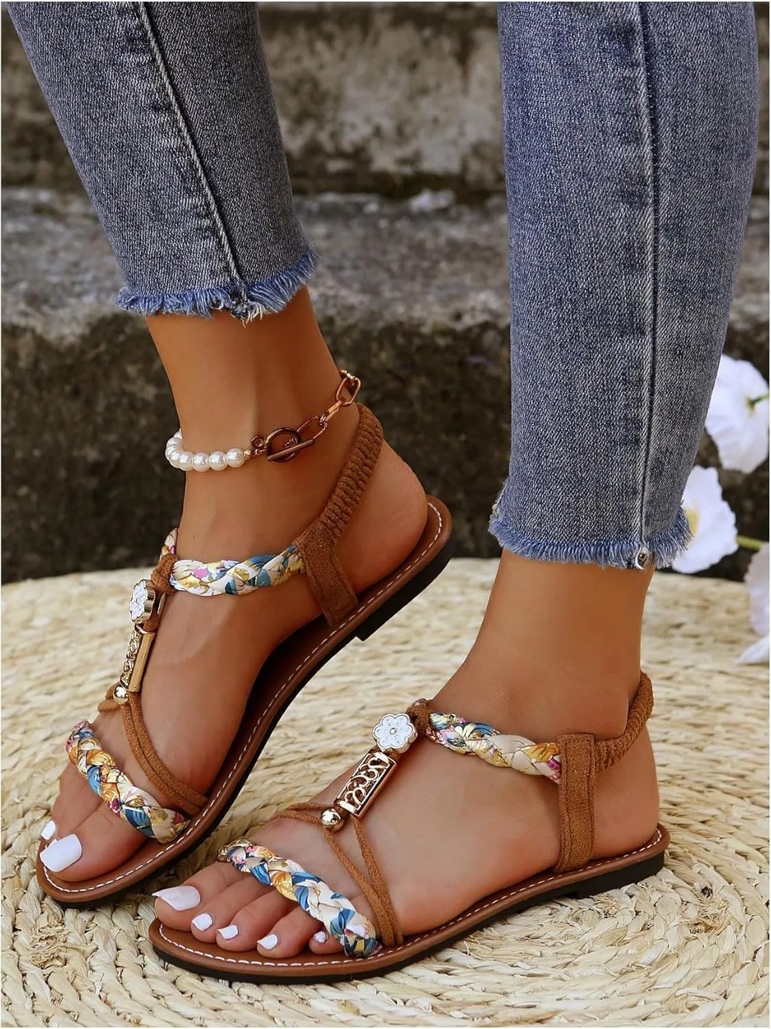 Verdusa Women's Colorful Braided Beaded Flat Sandals Open Toe Summer Beach Leather Sandals