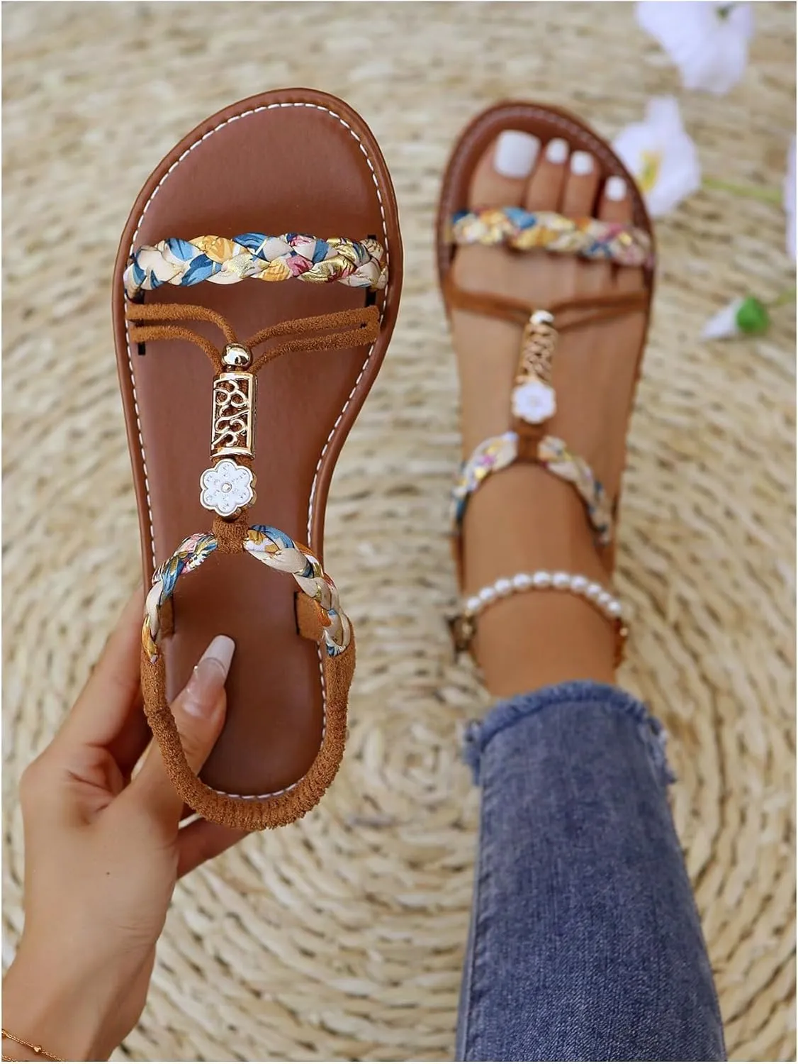 Verdusa Women's Colorful Braided Beaded Flat Sandals Open Toe Summer Beach Leather Sandals