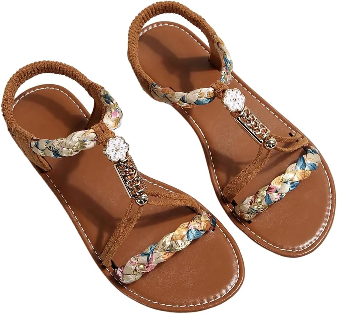 Verdusa Women's Colorful Braided Beaded Flat Sandals Open Toe Summer Beach Leather Sandals