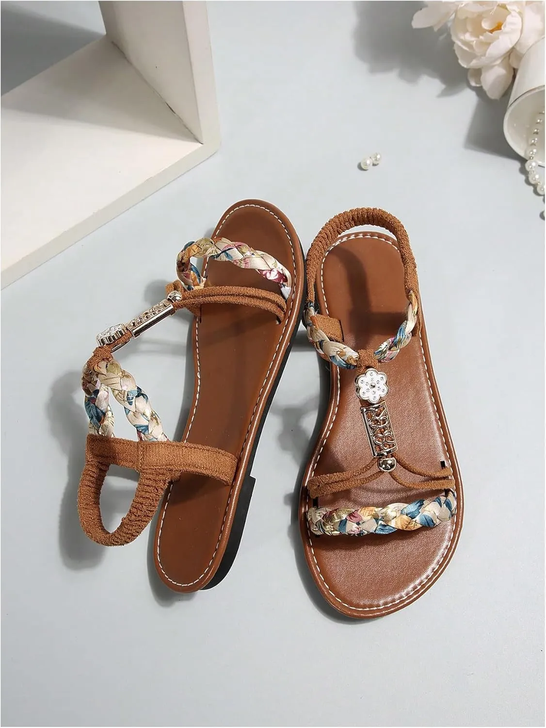Verdusa Women's Colorful Braided Beaded Flat Sandals Open Toe Summer Beach Leather Sandals