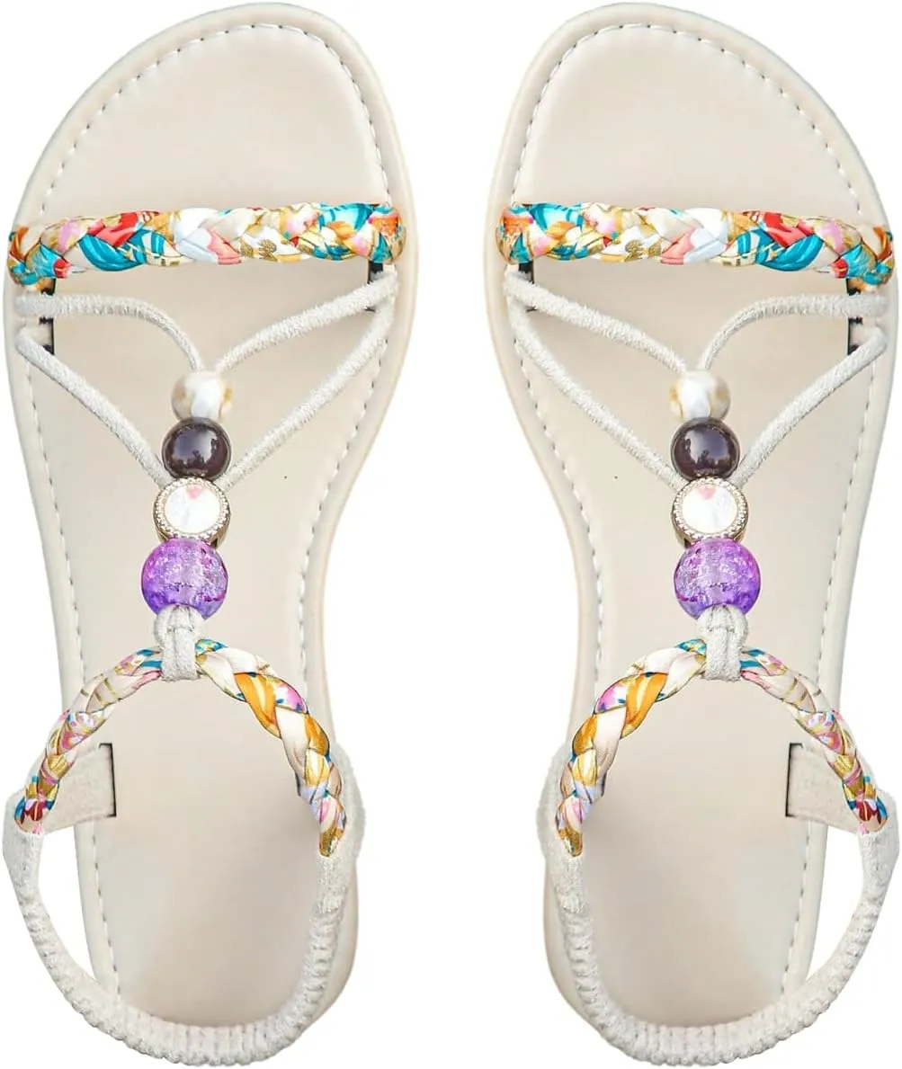Verdusa Women's Colorful Braided Beaded Flat Sandals Open Toe Summer Beach Leather Sandals