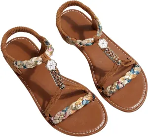 Verdusa Women's Colorful Braided Beaded Flat Sandals Open Toe Summer Beach Leather Sandals