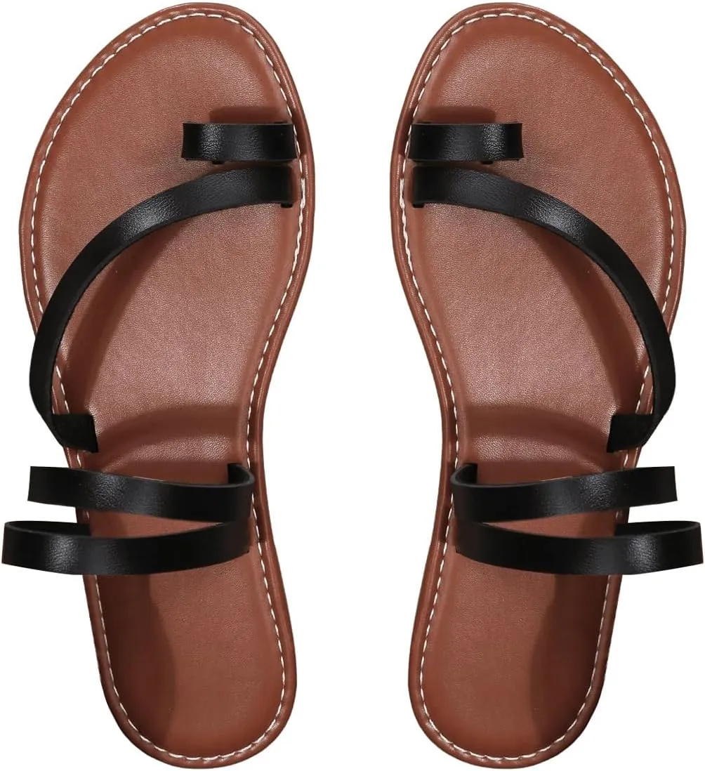 Verdusa Women's Flat Sandals Strappy Dressy Ankle Strap Casual Summer Thong Sandals for Beach