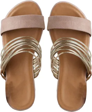Verdusa Women's Metallic Strappy Flat Sandals Summer Slide Sandals Casual Shoes