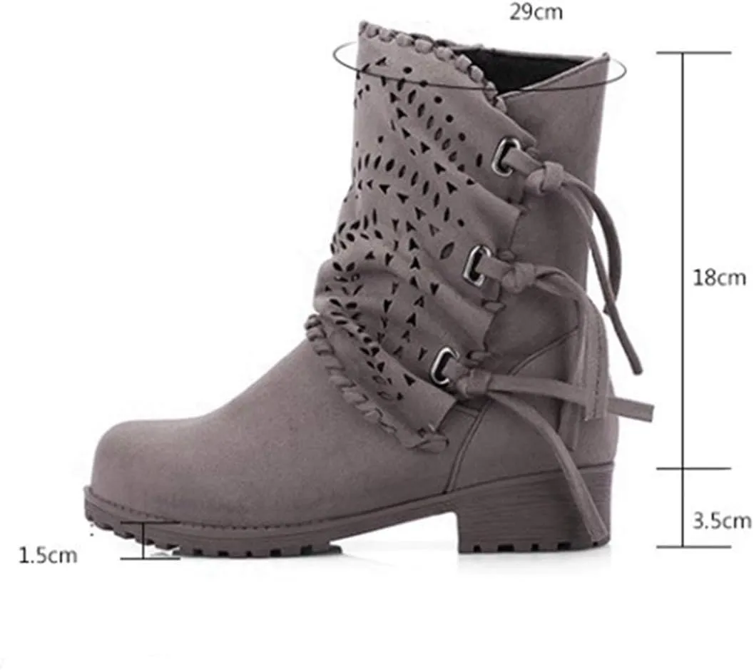 VOKLIN Women's Round Toe Fringe Slouch Ankle Boots Perforated Flat Low Heel Booties Tassel Dressy Short Boot