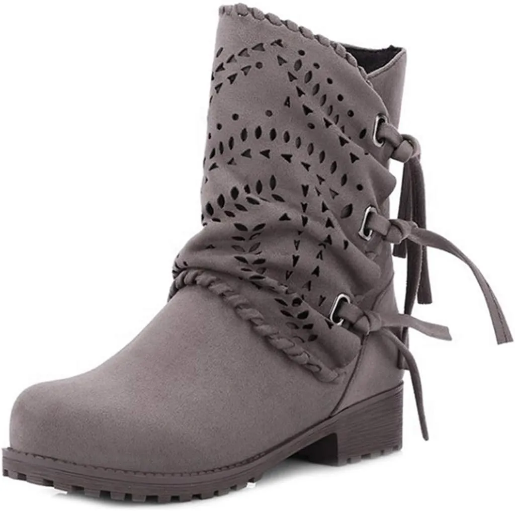 VOKLIN Women's Round Toe Fringe Slouch Ankle Boots Perforated Flat Low Heel Booties Tassel Dressy Short Boot