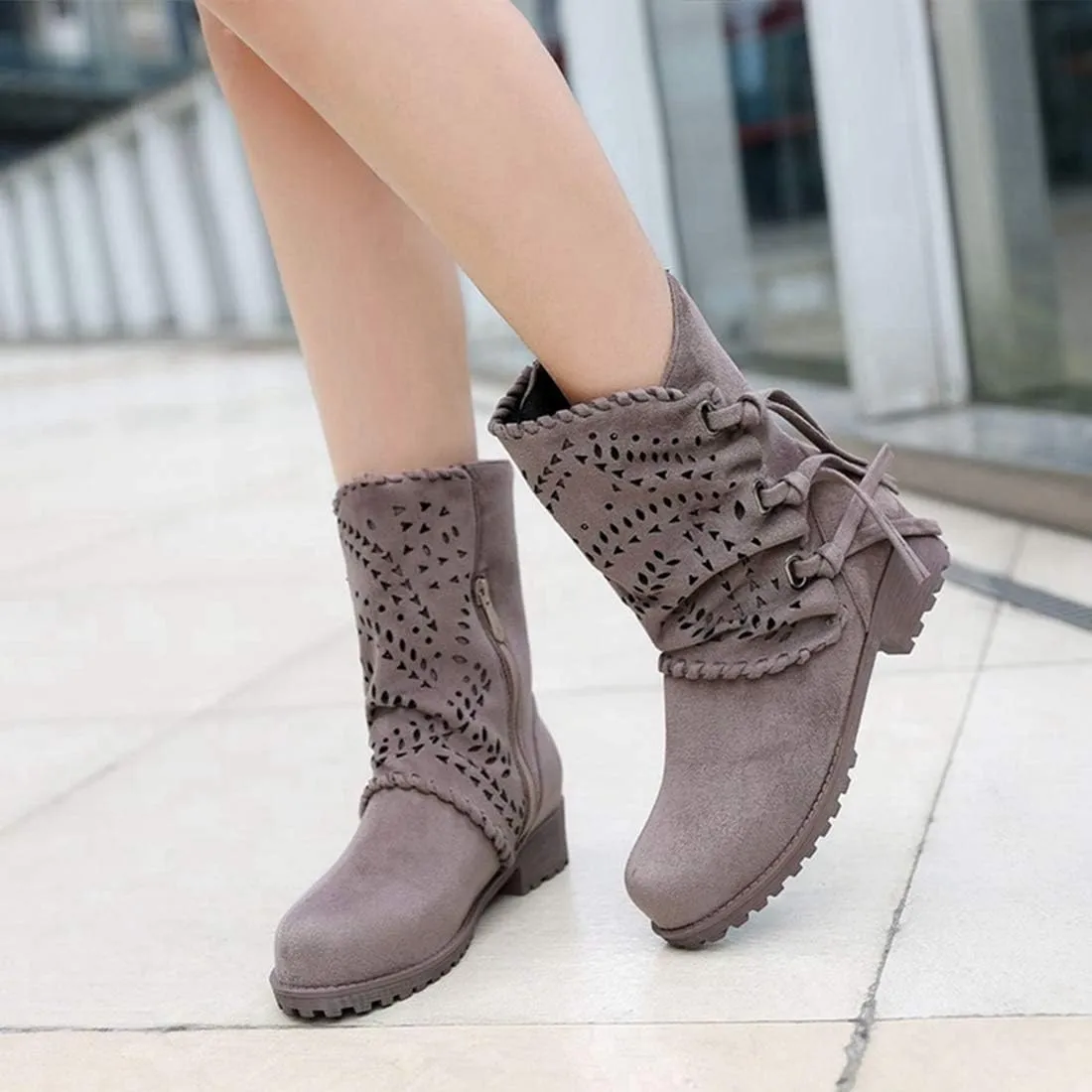 VOKLIN Women's Round Toe Fringe Slouch Ankle Boots Perforated Flat Low Heel Booties Tassel Dressy Short Boot