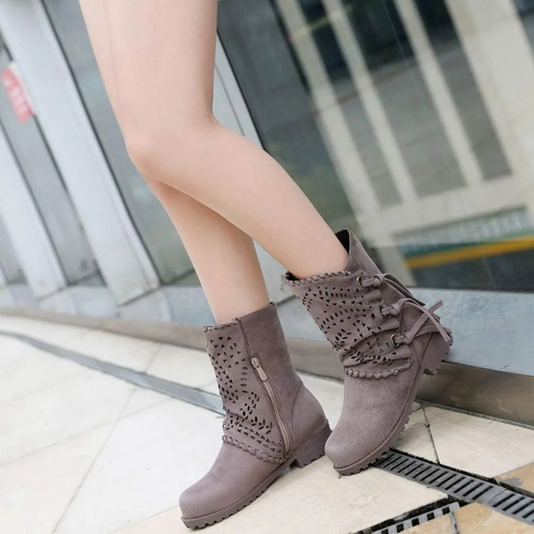 VOKLIN Women's Round Toe Fringe Slouch Ankle Boots Perforated Flat Low Heel Booties Tassel Dressy Short Boot