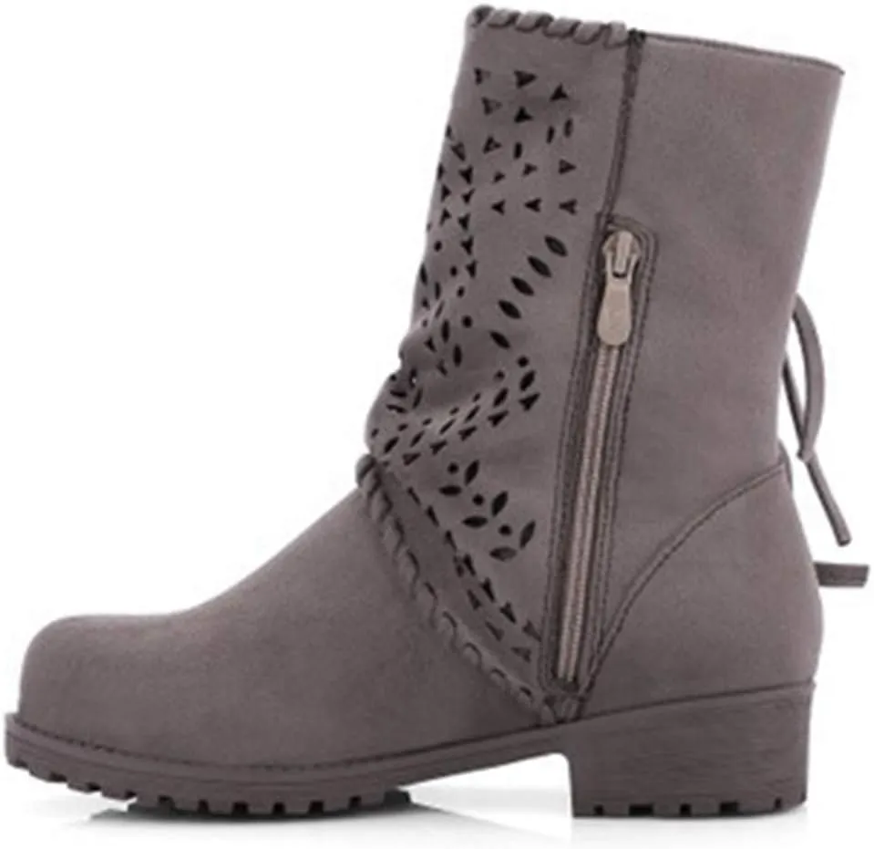 VOKLIN Women's Round Toe Fringe Slouch Ankle Boots Perforated Flat Low Heel Booties Tassel Dressy Short Boot