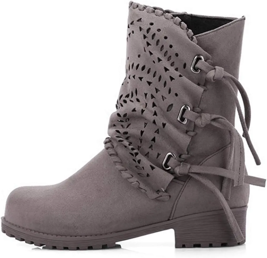 VOKLIN Women's Round Toe Fringe Slouch Ankle Boots Perforated Flat Low Heel Booties Tassel Dressy Short Boot