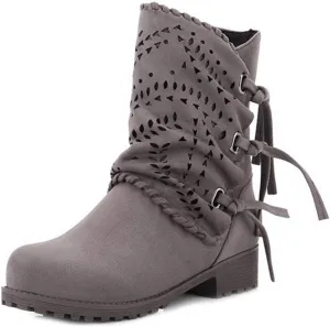 VOKLIN Women's Round Toe Fringe Slouch Ankle Boots Perforated Flat Low Heel Booties Tassel Dressy Short Boot