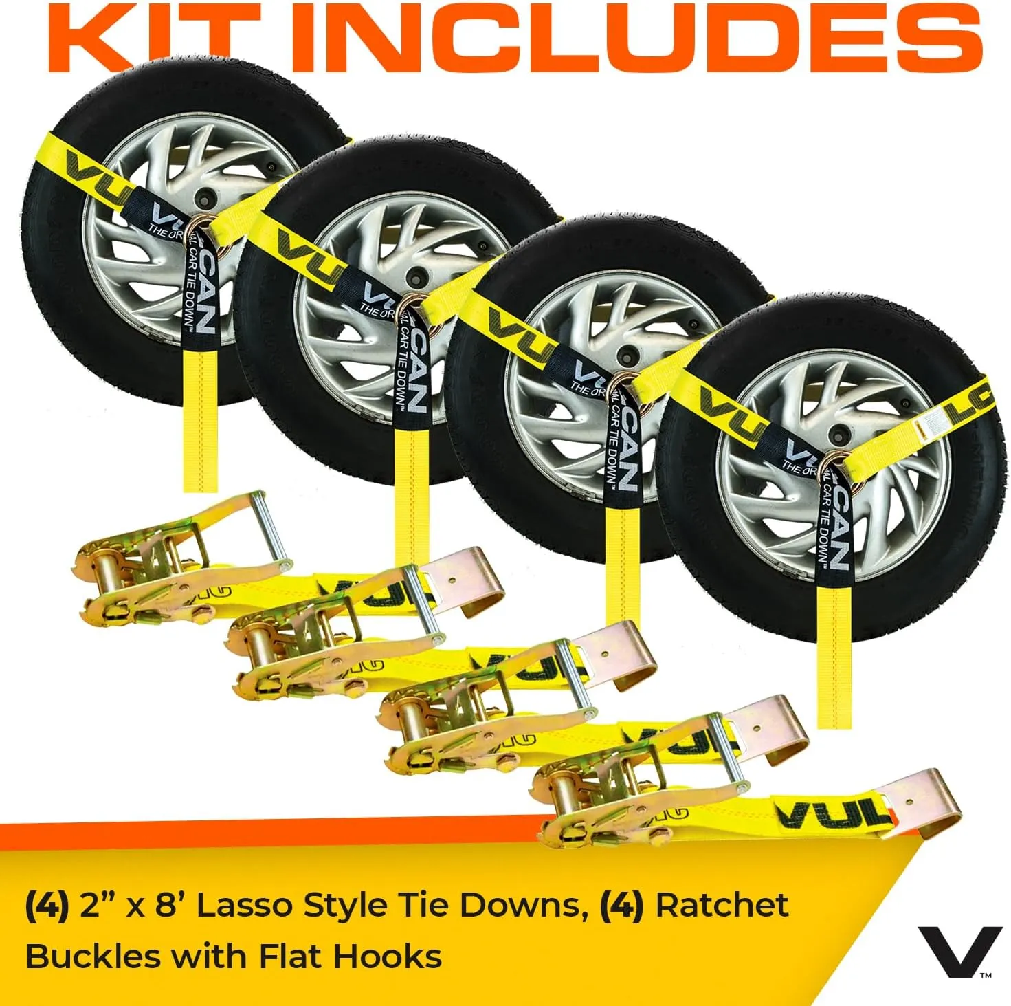 VULCAN Car Tie Down with Flat Hooks - Lasso Style - 2 Inch x 96 Inch - 4 Pack - Classic Yellow - 3,300 Pound Safe Working Load