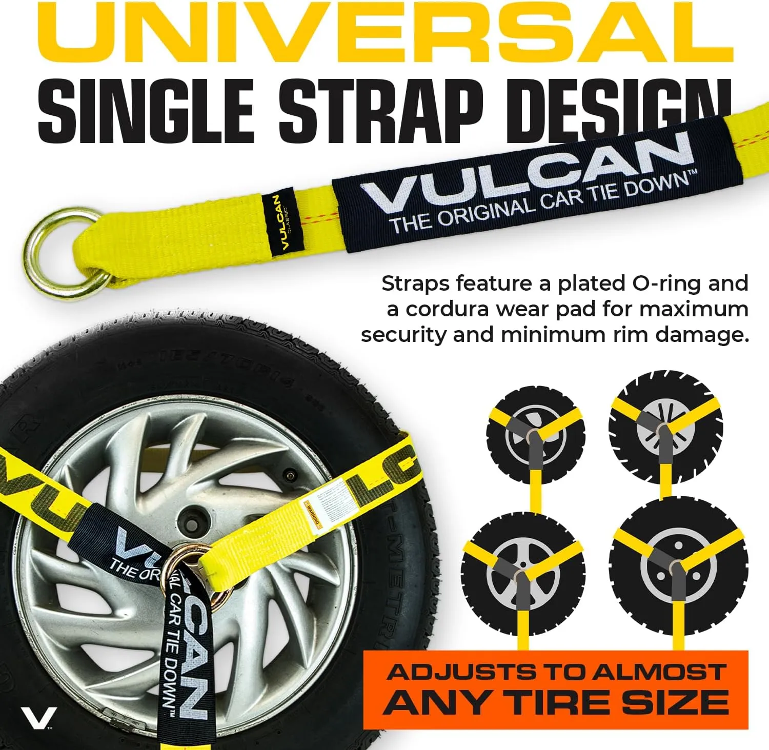 VULCAN Car Tie Down with Flat Hooks - Lasso Style - 2 Inch x 96 Inch - 4 Pack - Classic Yellow - 3,300 Pound Safe Working Load