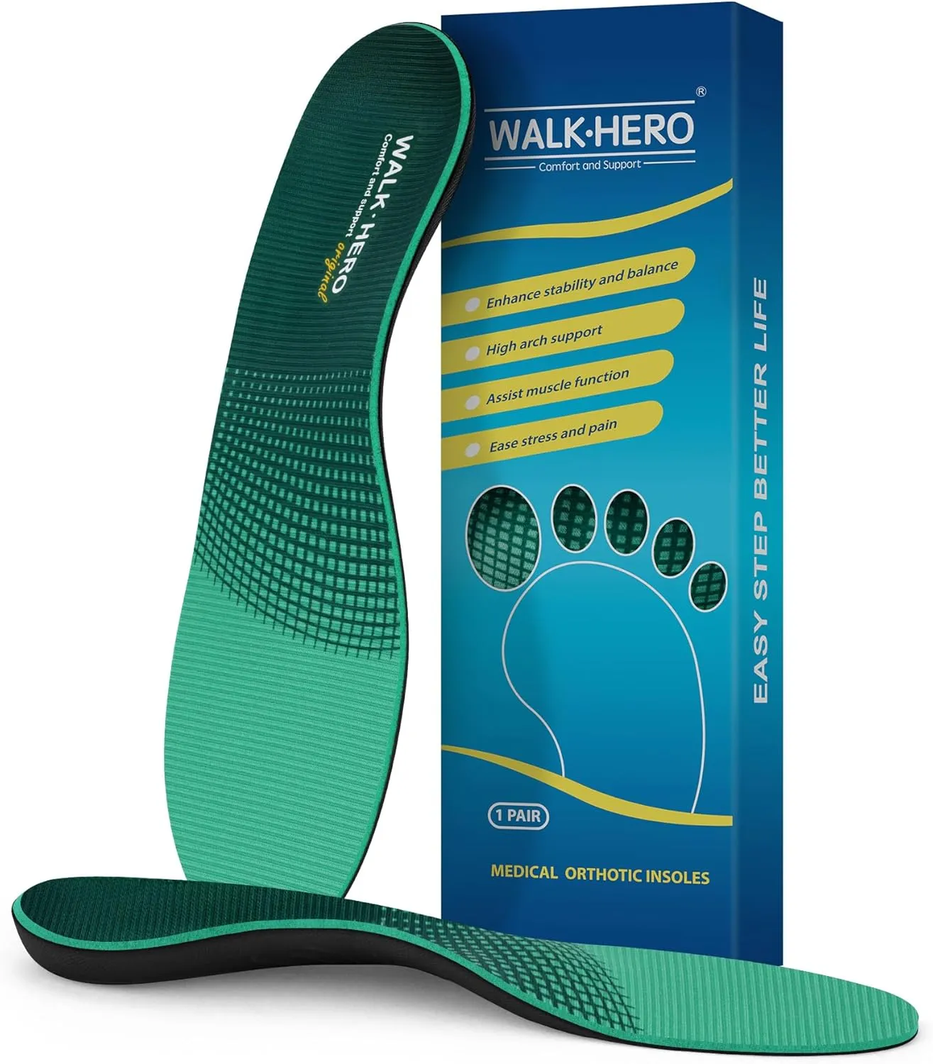 Walkhero Plantar Fasciitis Inserts - Arch Support Orthotic Insoles for Flat Foot and Foot Pain, Everyday Comfort and Support (Mens 7-7 1/2 | Womens 9-9 1/2 Green)