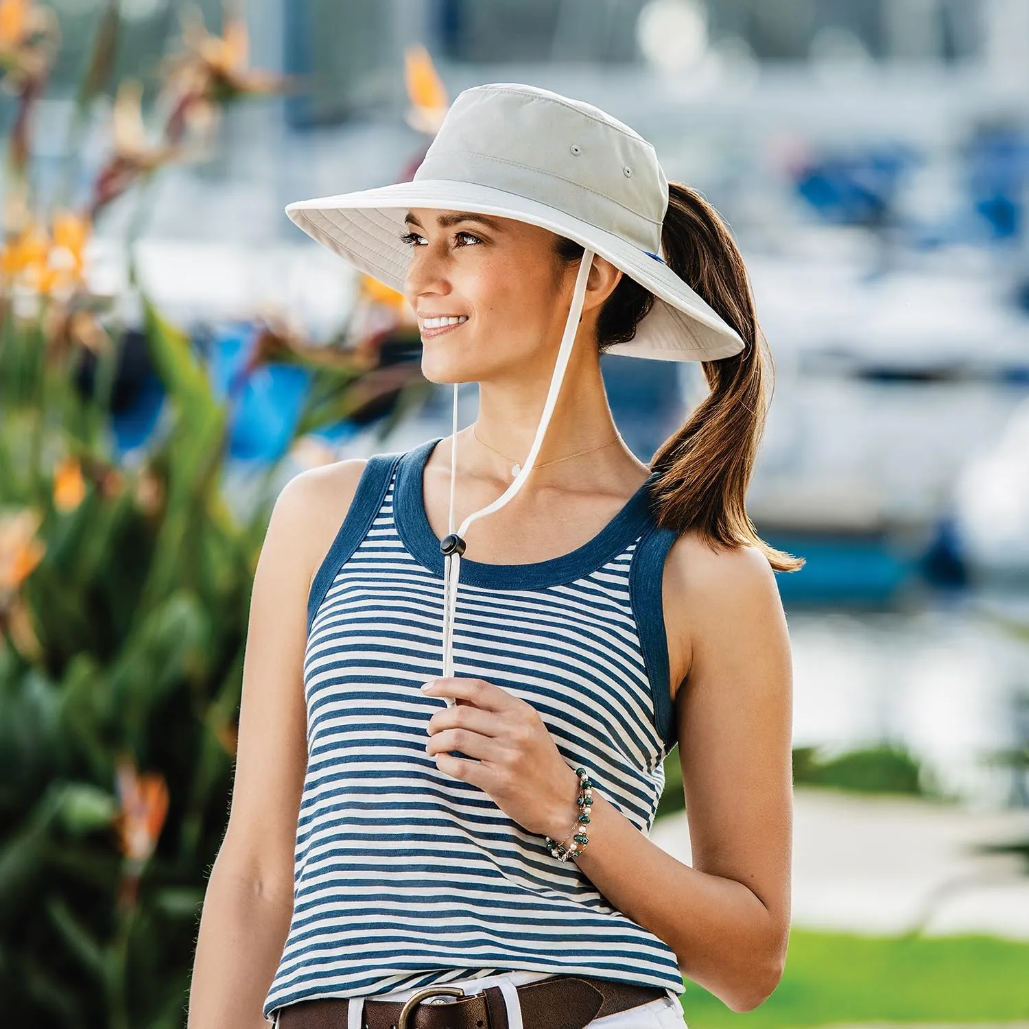 Wallaroo Hat Company Women’s Sanitas Ponytail Sun Hat – UPF 50 , Packable Bucket Hat, Chin Strap, Adjustable, Medium Size