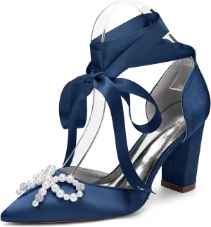 Wedding Shoes 8.5CM Pearl Rhinestones Pointed Toe Bridal Women Satin Block Heel Strappy Shoes for Prom Party Pumps Closed Toe