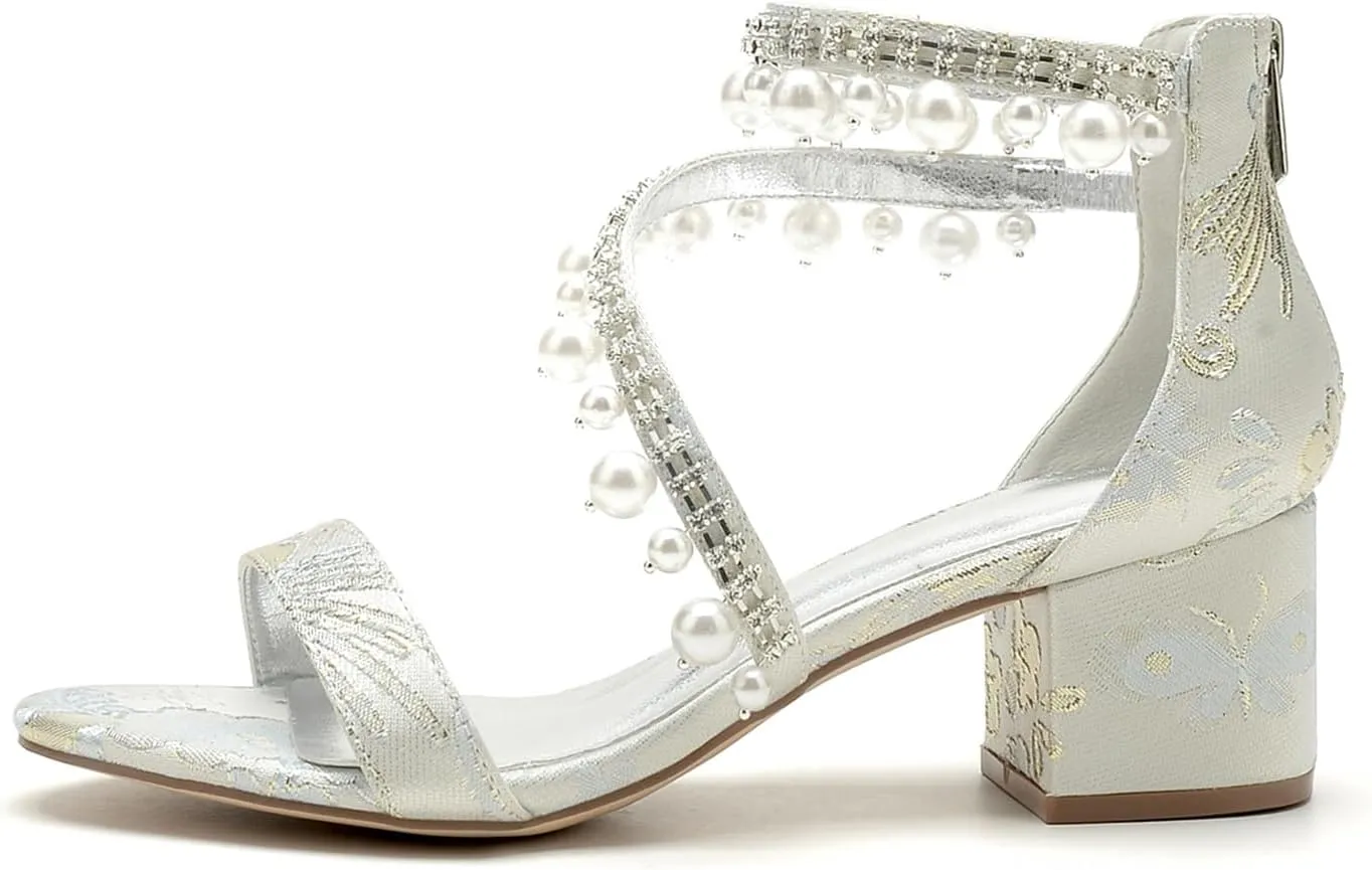 Wedding Shoes Open Toe for Bride High Heels Pearl Pumps for Women Sandals Pearl Bridal Shoes Block Heel Evening Prom Party Dress