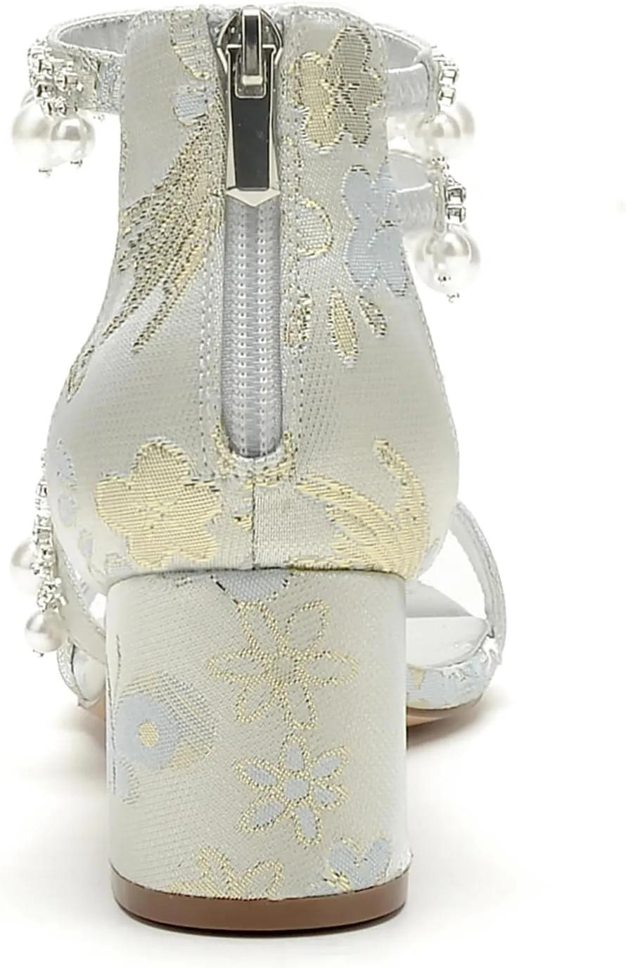 Wedding Shoes Open Toe for Bride High Heels Pearl Pumps for Women Sandals Pearl Bridal Shoes Block Heel Evening Prom Party Dress