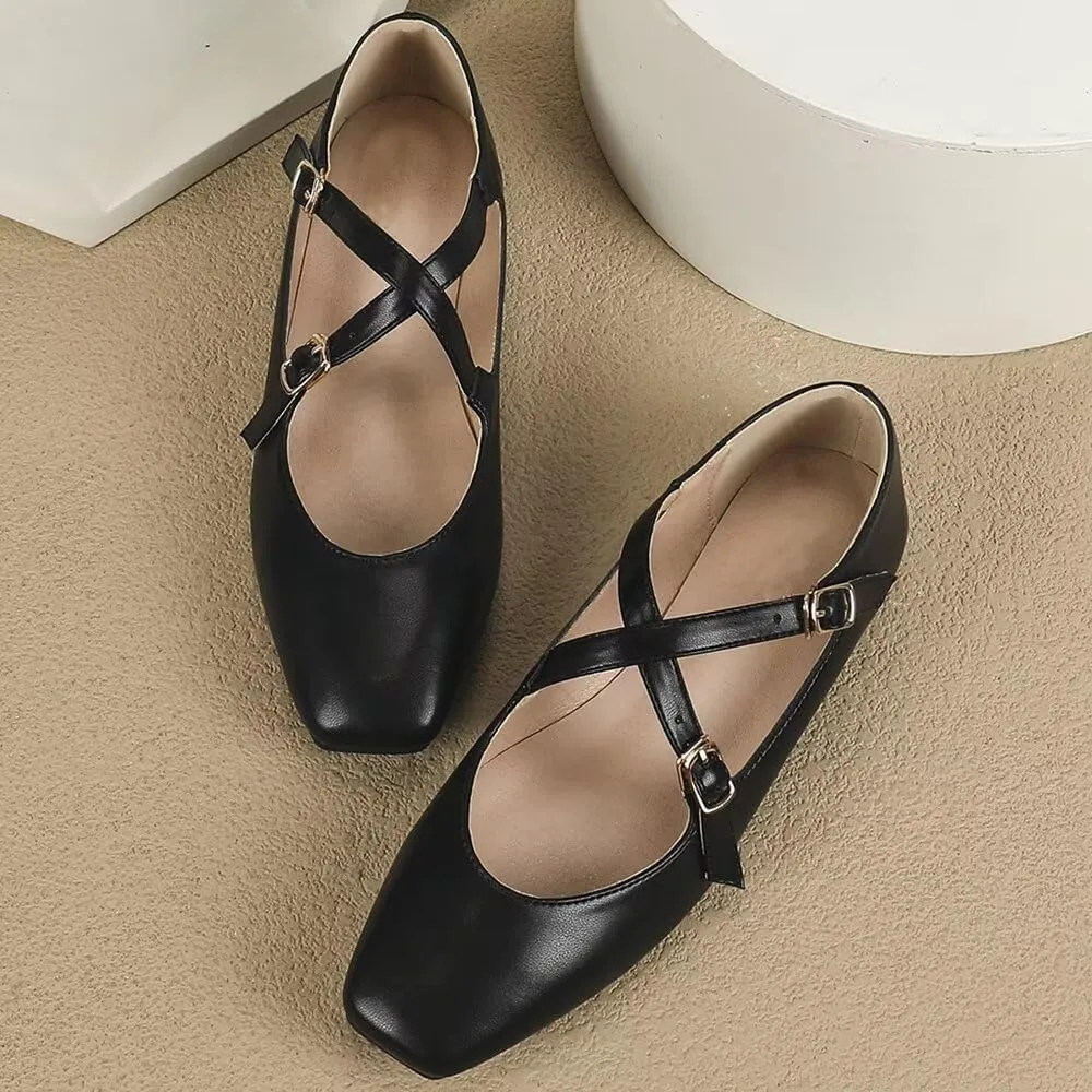 WENJIAZHIZHI Women's Mary Jane Flats Shoes Fashion Ankle Double Buckle Cross Strap Dressy Wedding Ballet Flat
