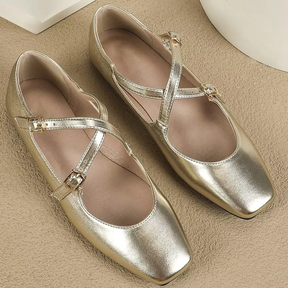 WENJIAZHIZHI Women's Mary Jane Flats Shoes Fashion Ankle Double Buckle Cross Strap Dressy Wedding Ballet Flat
