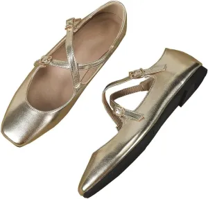 WENJIAZHIZHI Women's Mary Jane Flats Shoes Fashion Ankle Double Buckle Cross Strap Dressy Wedding Ballet Flat