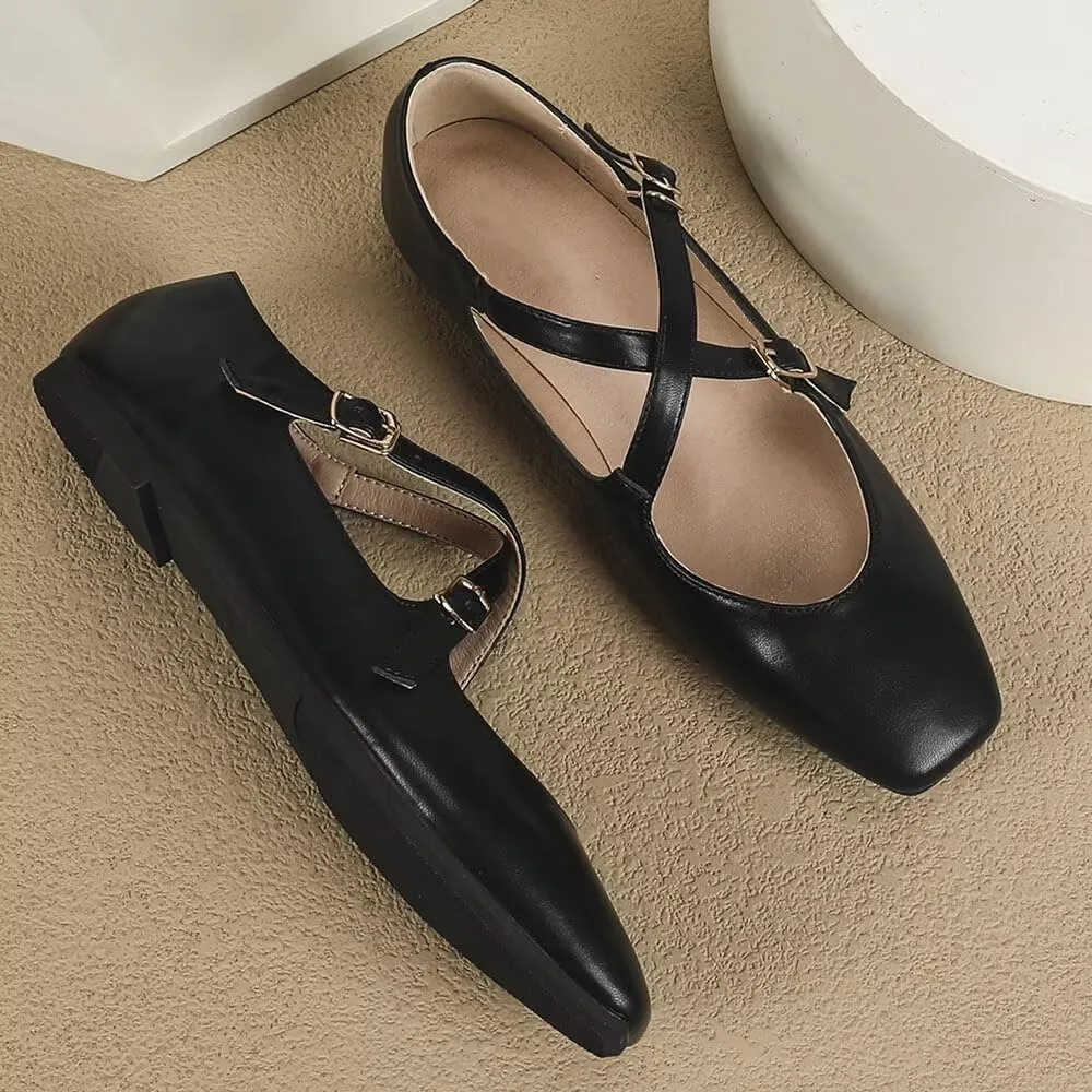 WENJIAZHIZHI Women's Mary Jane Flats Shoes Fashion Ankle Double Buckle Cross Strap Dressy Wedding Ballet Flat
