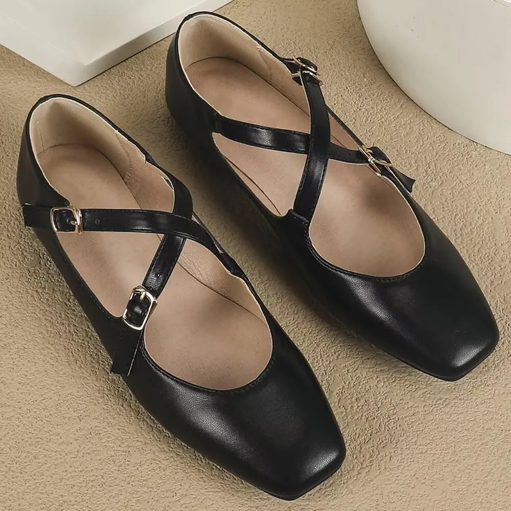 WENJIAZHIZHI Women's Mary Jane Flats Shoes Fashion Ankle Double Buckle Cross Strap Dressy Wedding Ballet Flat