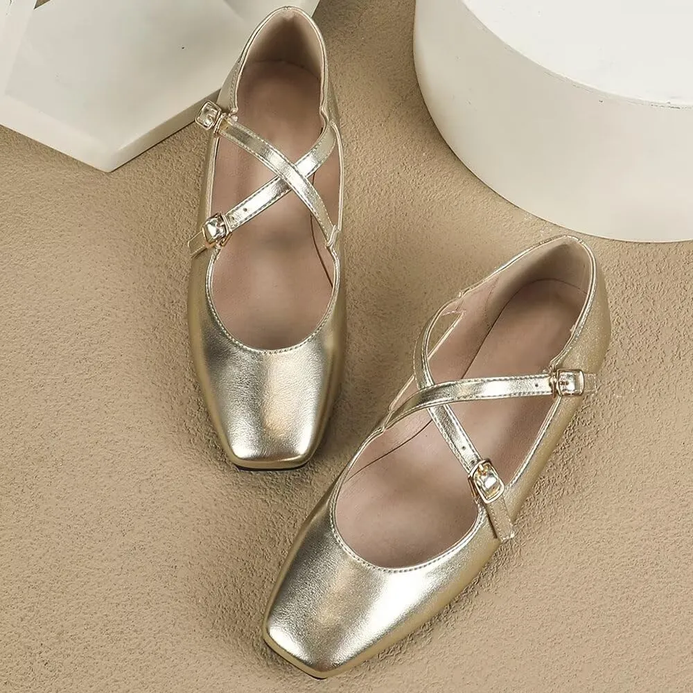 WENJIAZHIZHI Women's Mary Jane Flats Shoes Fashion Ankle Double Buckle Cross Strap Dressy Wedding Ballet Flat