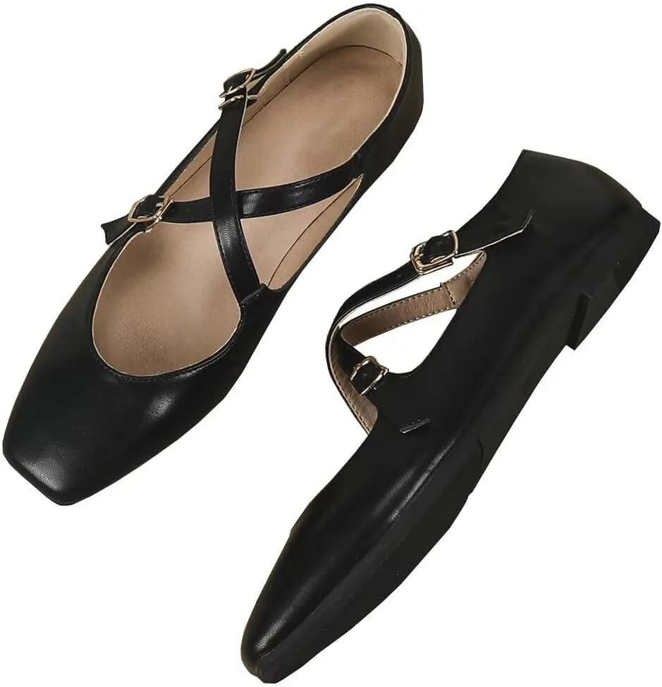 WENJIAZHIZHI Women's Mary Jane Flats Shoes Fashion Ankle Double Buckle Cross Strap Dressy Wedding Ballet Flat