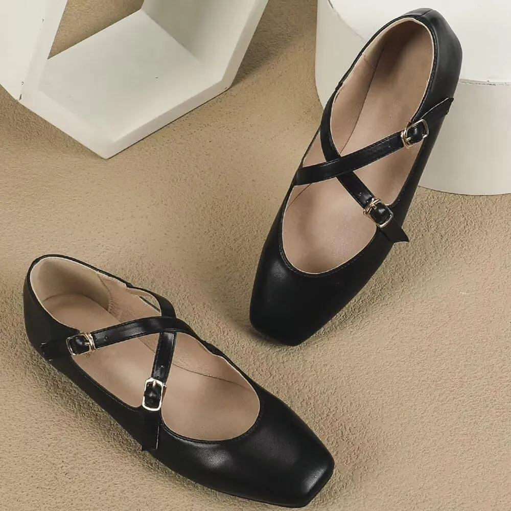 WENJIAZHIZHI Women's Mary Jane Flats Shoes Fashion Ankle Double Buckle Cross Strap Dressy Wedding Ballet Flat