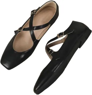 WENJIAZHIZHI Women's Mary Jane Flats Shoes Fashion Ankle Double Buckle Cross Strap Dressy Wedding Ballet Flat