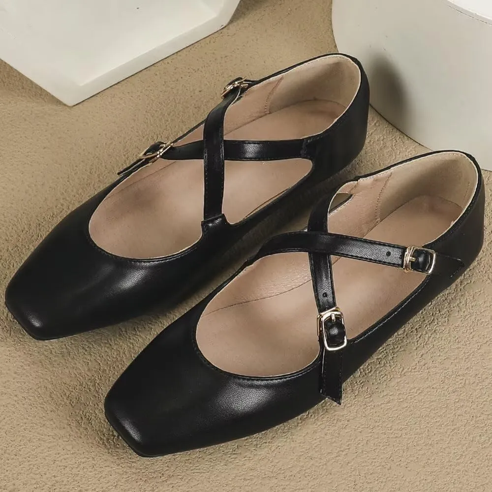 WENJIAZHIZHI Women's Mary Jane Flats Shoes Fashion Ankle Double Buckle Cross Strap Dressy Wedding Ballet Flat