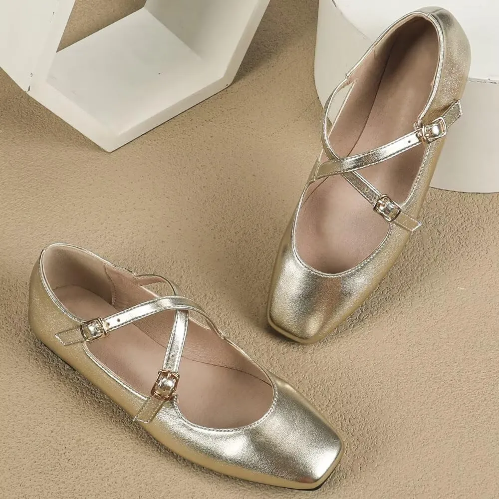 WENJIAZHIZHI Women's Mary Jane Flats Shoes Fashion Ankle Double Buckle Cross Strap Dressy Wedding Ballet Flat