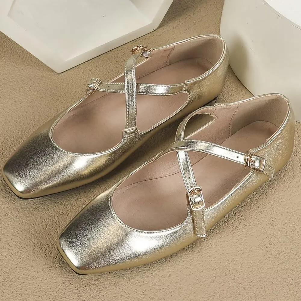 WENJIAZHIZHI Women's Mary Jane Flats Shoes Fashion Ankle Double Buckle Cross Strap Dressy Wedding Ballet Flat