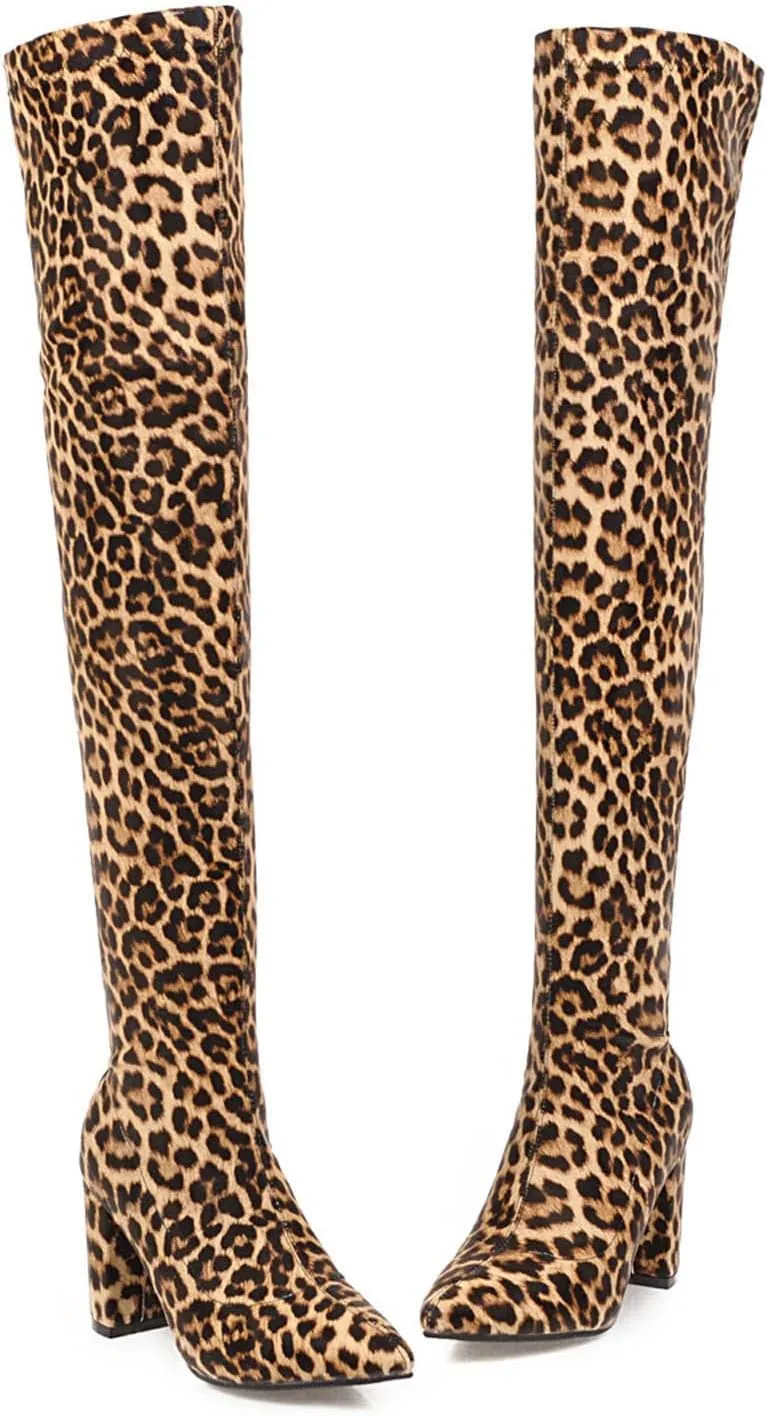 wodceeke Women's Thigh High Suede Boots Over the Knee Stretch Boots Pointed Toe Chunky Heel Winter Knit Sexy Long Boots