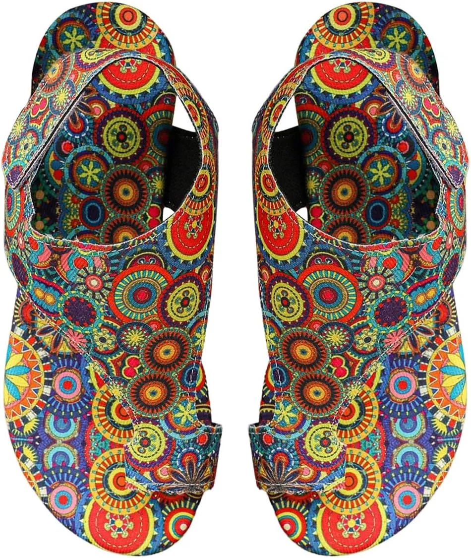 Women's Boho Tribal Print Flip Flops Open Toe Ankle Strap Beach Vacation Flat Sandals